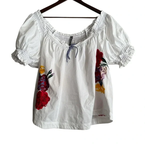 By Anthropologie Puff-Sleeve Tie-Front Embroidered Blouse Sz 1X - Picture 2 of 7